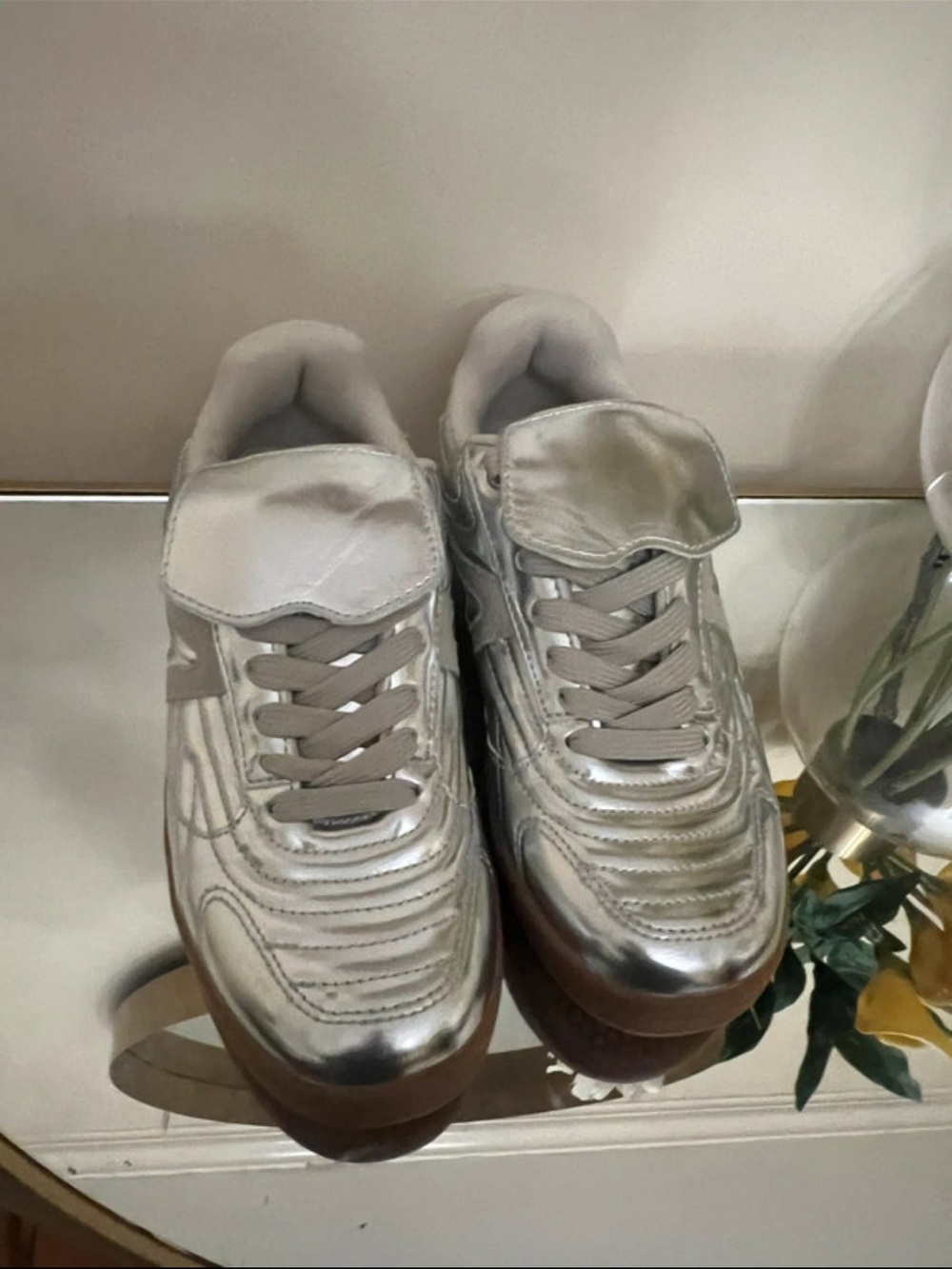 Women's Metallic Silver Platform Lace-Up Sneakers